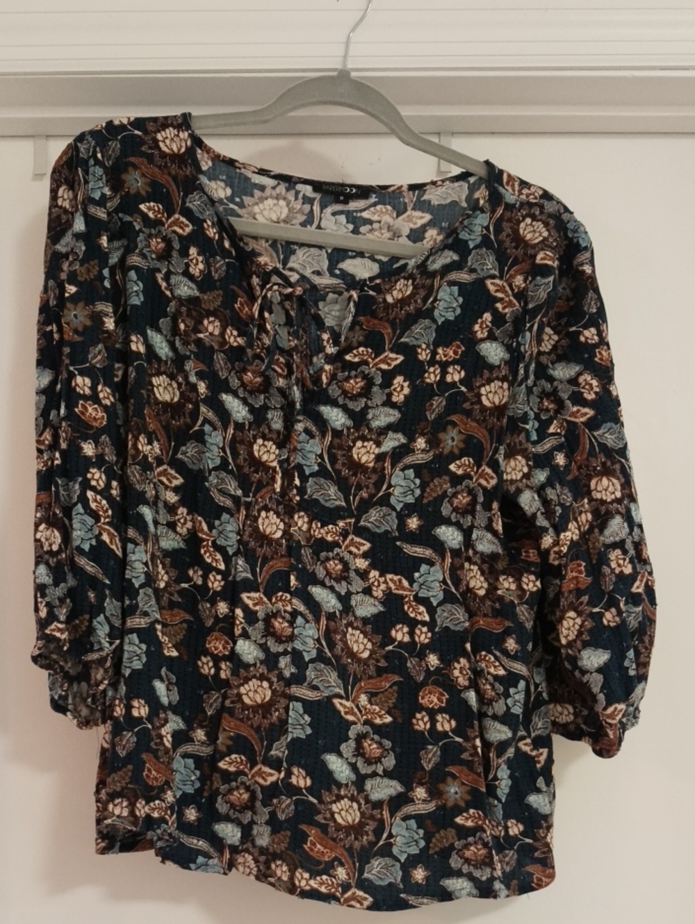 Papermoon Navy Floral Tie-Front Peasant Blouse